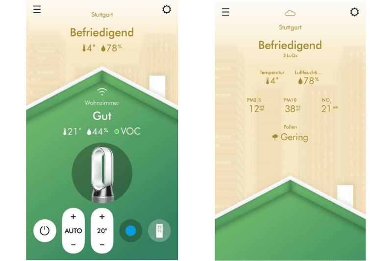 Die Dyson Link App zeigt verschiedene Daten zur Luftqualität im Wohnzimmer und außerhalb des Zuhauses
